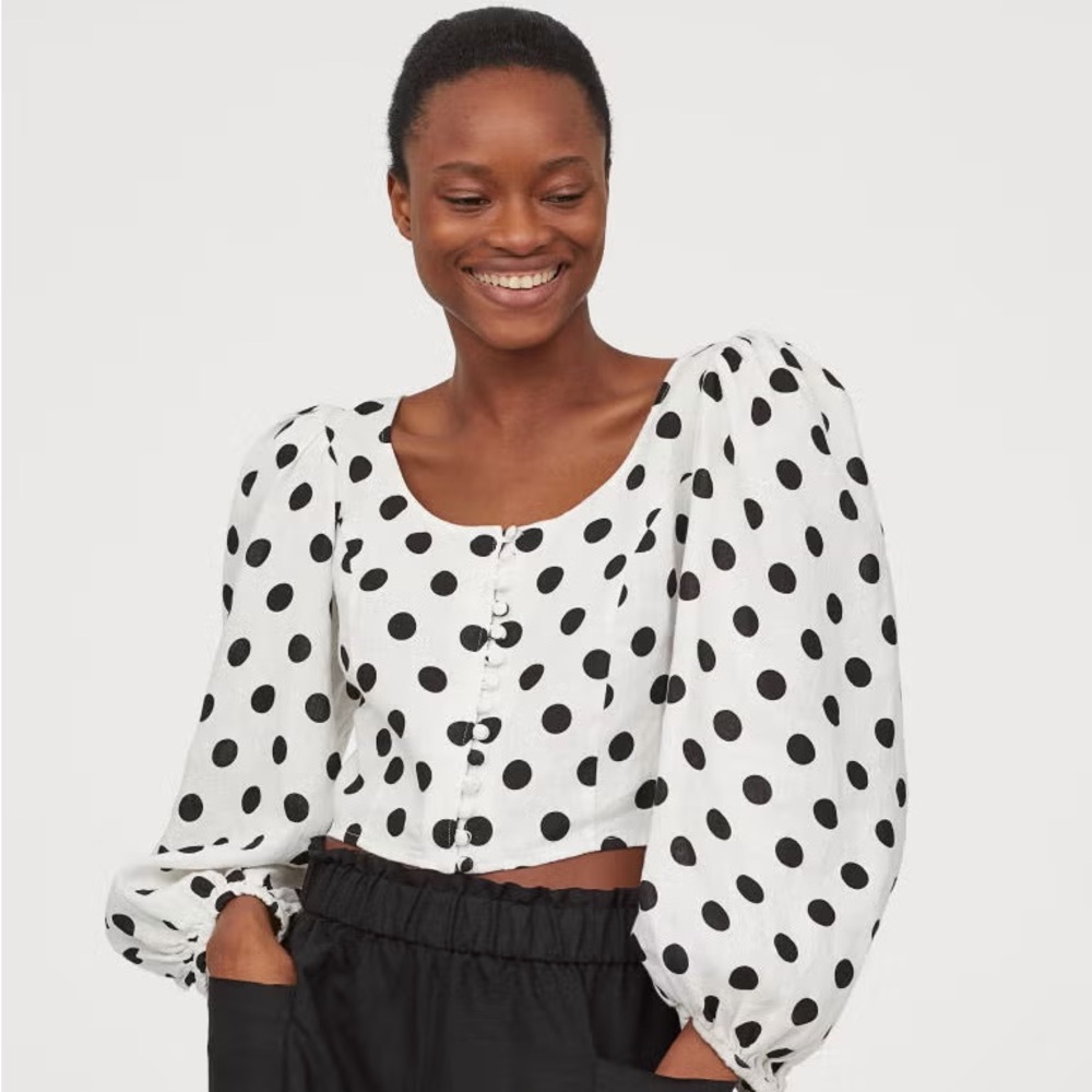 H&M Mara Hoffman Style Linen Balloon Sleeve Crop Blouse Size 8